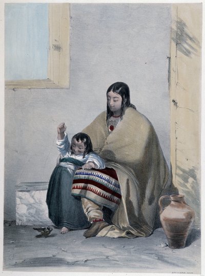 Portrett av en Huron, indianer fra Canada, med barnet sitt - i "" Shyths skisser i Canadas"" av Coke Smyth, London av Unknown artist