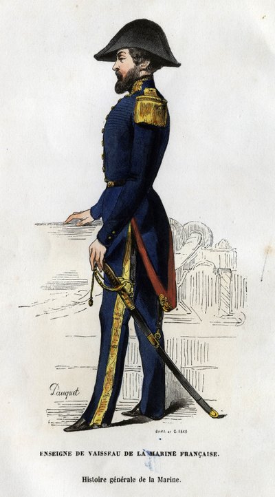 Portrett av et skipsskilt fra den franske marinen. i "General History of the Navy" av Van Tenac av Unknown artist