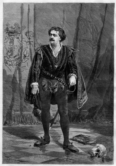 Portrait of actor Ernesto Rossi in the role of Hamlet by William Shakespeare at the theatre Ventadour in Paris in 1875. av Unknown artist