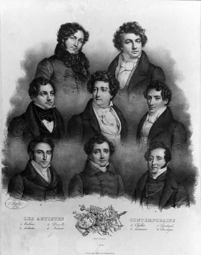 Portrett av forskjellige operasangere: 1 Giovanni Battista Rubini (1794-1854) 2 Luigi Lablache (1794-1858) 3 Domenico Donzelli (1790-1873) 4 Adolphe Nourrit (1802-1839) 5 Choblet; 6 Nicolas prosper Levasseur (Vasseuren) (1791-1871) 7 Louis Antoine Ponchard av Unknown artist