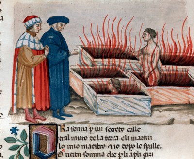 Portrett av den italienske poeten Dante Alighieri med Virgil blant kjettere som Farinata degli Uberti (sang 10 fra helvete, i den guddommelige komedie) - miniatyr 1400-tallet av Unknown artist
