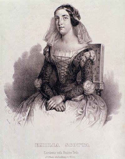 Portrett av sangerinnen Emilia Scotta i operaen Beatrice de Tende av Unknown artist