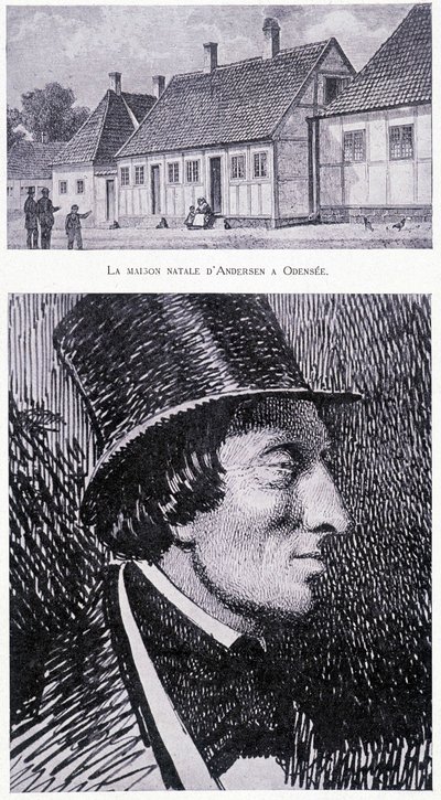 Portrett av den danske forfatteren Hans Andersen (1805 - 1875) og huset hans i Odensee, Danmark, cirka 1832. av Unknown artist