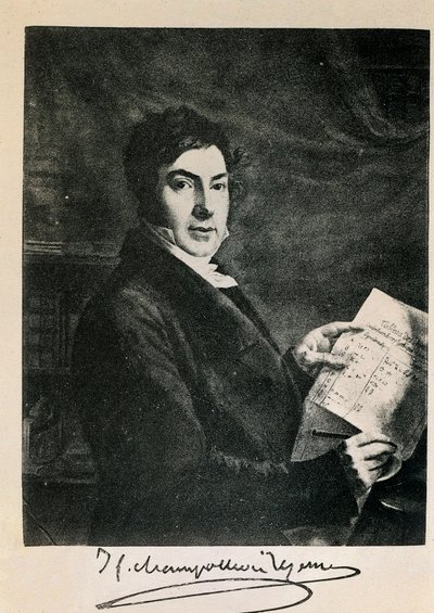 Portrett av den franske egyptologen Jean Francois (Jean-Francois) Champollion (1790-1832). Gravering fra 1800-tallet av Unknown artist