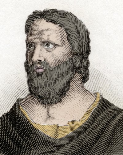 Portrett av den greske filosofen Heraklit fra Efesos (576–480 f.Kr.) (Heraklit fra Efesos). Gravering fra 1800-tallet. av Unknown artist