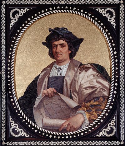 Portrett av den italienske navigatøren Christopher Columbus (Christopher Columbus, Cristoforo Colombo, Cristobal Colon) (1451-1506) Mosaique av Unknown artist