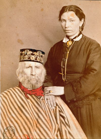 Portrett av den italienske patrioten og heltene til Risorgimento Giuseppe Garibaldi (1807-1882) med sin tredje kone Francesca Armosino av Unknown artist