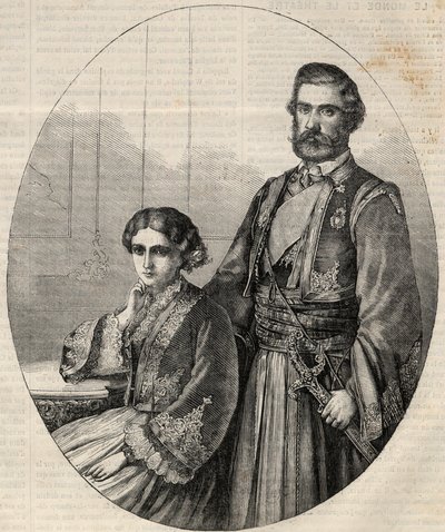 Portrett av prinsen av Serbia Michael III (1823-1868) og prinsesse Julie (1831-1919). Gravering i "" L