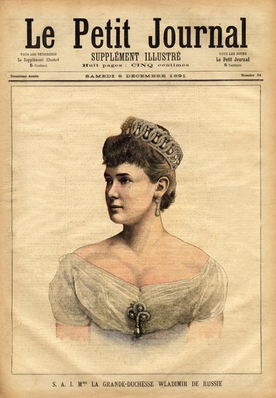 Portrett av den store hertuginne Vladimir av Russland, født i 1854, prinsesse Mary av Mecklenburg-Schwerin (Mecklenburg Schwerin) og giftet seg i 1874 med tsarens yngre bror, storhertug Vladimir Alexandrovich Romanov (1847-1909). Gravering i "" L av Unknown artist