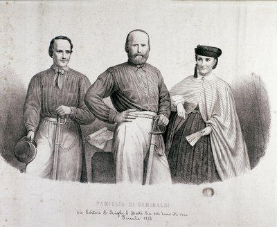 Portrett av patrioten og heltene til Risorgimento Giuseppe Garibaldi (1807-1882) mellom Teresita, datteren hans og kona Stefano Canzio. Litografi av 1862 Privat samling av Unknown artist