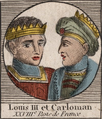 Portraits of Louis III (863/65-882) King of the Francs between 879 and 882 and Carloman II (866-884), King of the Francs from 879 to 884 - Louis II king of West Francia and Carloman II, king of Western Francia - engraving from “Instruction sur l
