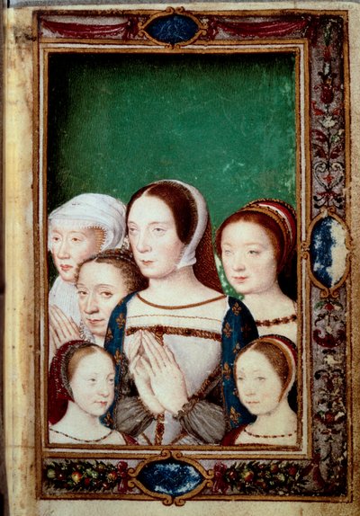 Portretter av døtrene til Francois I og hans to koner. Jenter: Louise (1515 - 1517). Charlotte (1516 - 1524), Madeleine (1520-1537), Marguerite (1523-1574). Claude av Frankrike (1499-1524) og Eleonore av Habsburg (1498 - 1558). Miniatyr i "" Book of ho av Unknown artist