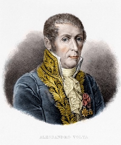 Portrett av Alessandro (Alexandre) Volta (1745 - 1827). Italiensk fysiker, oppfinner av det elektriske batteriet. 1800-talls gravering av Unknown artist
