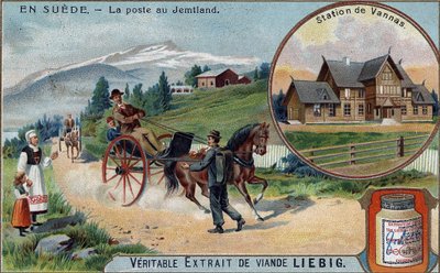 Post and postman in Jemtland, Sweden. Chromolithography, Liebig image. av Unknown artist