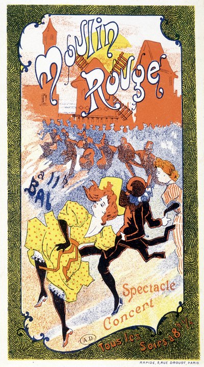 Plakat som annonserer ""konsertene" som finner sted hver kveld på Moulin Rouge, Paris av Unknown artist