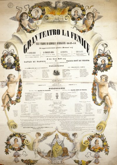Plakat for forestillingen av operaen "" Aida" av den italienske komponisten Giuseppe Verdi (1813-1901) for forestillingen på teatret La Fenice i Venezia i 1843-1844. av Unknown artist