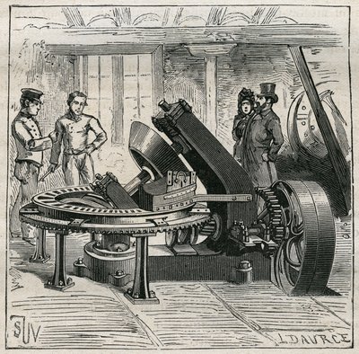 Keramikk: Fleury-maskin som brukes til mekanisk støping av murstein. Gravering fra 1885 i "" Les arts et metiers illustres"" av Adolphe BITARD. av Unknown artist