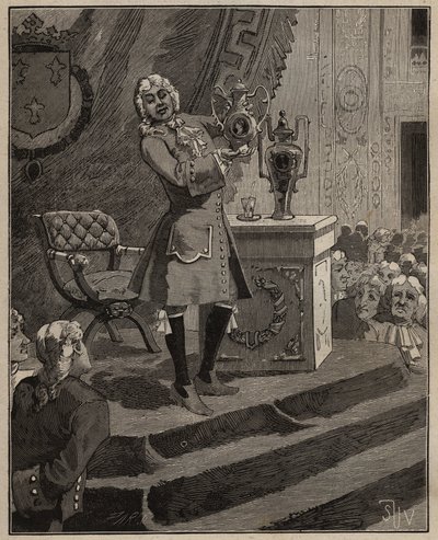 Keramikk: Pierre Joseph Macquer (1718-1784) presenterer ved Akademiet det første harde porselenet laget i Frankrike av Sevres-fabrikken i 1769. Gravering fra 1885 i "" Les arts et metiers illustres"" av Adolphe BITARD. av Unknown artist