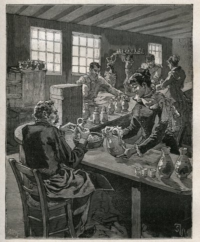 Keramikk: fylling av keramikk. Gravering fra 1885 i "" Les arts et metiers illustres"" av Adolphe BITARD. av Unknown artist