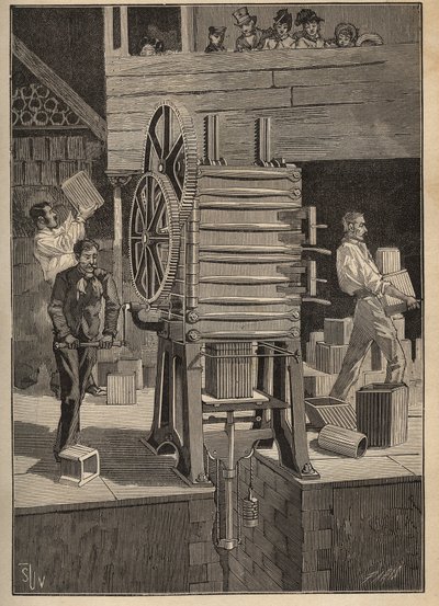 Keramikk: mekanisk støping av hule deler. Gravering fra 1885 i "" Les arts et metiers illustres"" av Adolphe BITARD. av Unknown artist