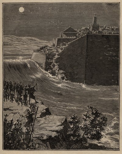 Keramikk: rå murstein i antikkens Hellas. Hæren til Pausanias (5. århundre f.Kr.) omveier en elv for å ødelegge murene av rå murstein som beskytter byen Mantinee. Gravering fra 1885 i "" Les arts et metiers illustres"" av Adolphe BITARD. av Unknown artist