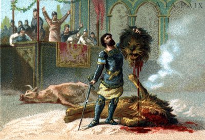 Pépin le Brief (715-768), kongen av frankerne, kjemper mot en løve og en okse under festene som ble gitt for å feire hans kroning i 751. av Unknown artist