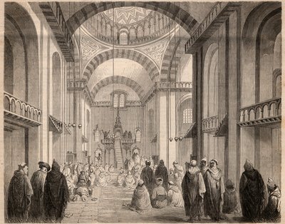 Bønner om Ramadan (Muslim Careme) i den store moskeen i Alger i 1862. Gravering i "" Le Monde illustrious"" fra 1862. Privat samling. av Unknown artist
