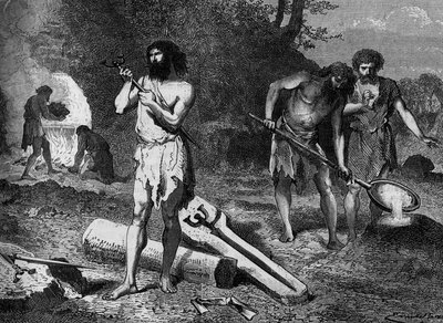 Prehistoire - the first metallurgists of the Bronze Age: making bronze. Engraving in “” Le Journal de la jeunesse”” av Unknown artist