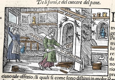 Tilberedning og baking av brød i ovn. Gravering av Olaus Magnus (1490-1557), svensk religiøs og geograf, "Historia de Gentis Septentrionalibus", Venezia av Unknown artist