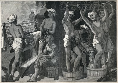 Forberedelse av lakk i India. Gravering fra 1885 i "" Les arts et metiers illustres"" av Adolphe BITARD. av Unknown artist