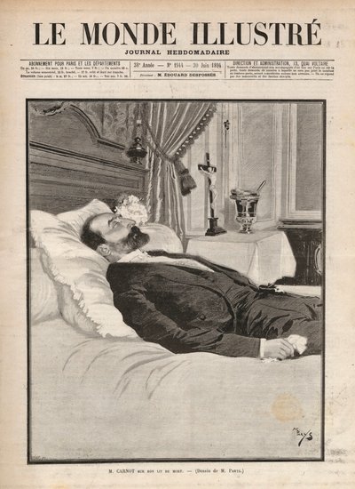 Republikkens president Sadi Carnot (1837-1894) på dødsleiet, i en sammenheng med fagforening og anarkistisk agitasjon, ble han myrdet 24. juni på utstillingen i Lyon, av Sante Caserio (1873-1894) og senere. Gravering i "Le monde illustrious"" f av Unknown artist