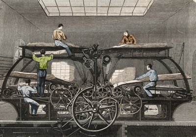 Trykkpresse: trykkpresse til avisen "" Le Siecle"" i Paris. Gravering fra 1857 i "" Le Musee Des Sciences"" av Unknown artist