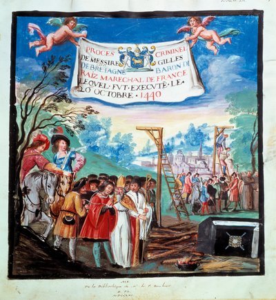 Proces of Gilles de Rais (Retz ou Rays) (1404-1440): "" Henrettelsen, gibet og slakteren""" Han blir henrettet for drap og kjetteri. 1400-talls miniatyr. Paris, B.N. av Unknown artist
