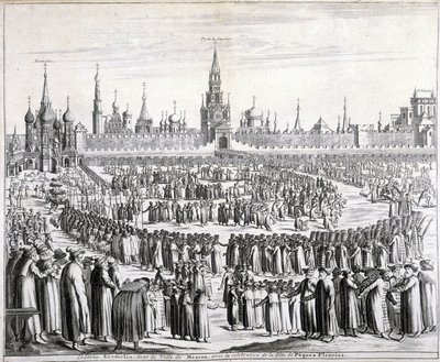 Prosesjon av påskeblomster foran Den hellige frelsersporten og Kreml i Moskva. Gravering av 1800-tallet. av Unknown artist