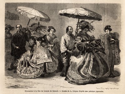 Prosesjon til Sannoo-tempelfesten, dedikert til minnet om Zinmou, grunnleggeren av imperiet Great Japan, som ligger i Yedo (eller Edo, dagens Tokyo), som finner sted den 15. dagen i den 6. måneden i året. Prosesjonen er pele mele represe av Unknown artist