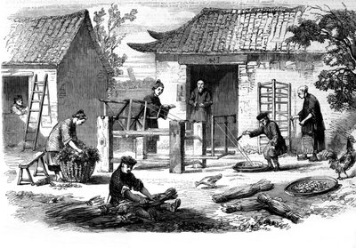 Produksjon av silke i Kina og de ulike stadier av produksjon. av Unknown artist