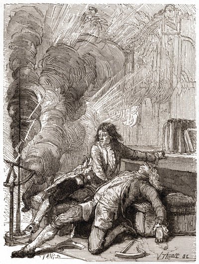 Professor Georges Guillaume Richmann (1711-1753) døde i verkstedet sitt etter et eksperiment med et elektrometer av Unknown artist