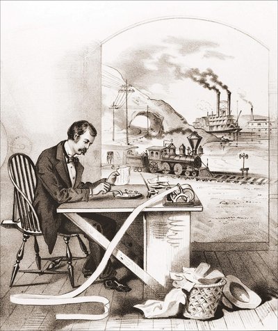 Århundrets fremgang (1800-tallet): Morse-telegrafi, Dawn Boat, Train, etc. Gravering av 1800-tallet. av Unknown artist