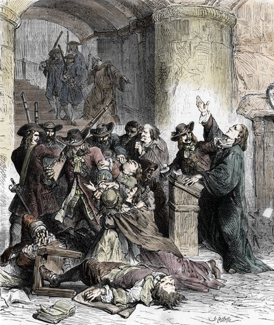 Forbud mot predikanter og arrestasjon av protestanter etter tilbakekallingen av Edit de Nantes (dragonnader under Ludvig XIV (1681-1686): Katolske soldater (drager) massakrerer protestantene. 1800-tallet (gravering) av Unknown artist