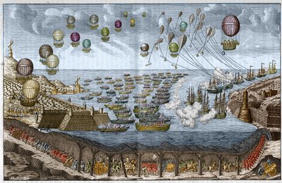 Angrepsprosjekt (invasjon) mot England i 1803 av Napoleon I - Franske tropper går gjennom kanaltunnelen mens skip og ballonger angriper fra sjø og luft - Gravering av 1803 av Unknown artist