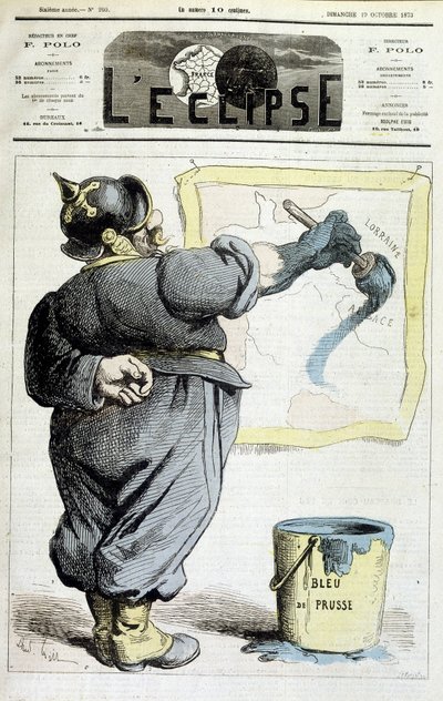 Prøyssisk soldat som sporer grensene til Alsace-Lorraine til det blå Preussen (referanse til annekteringen av regionen ved krigen i 1870) - i "" L