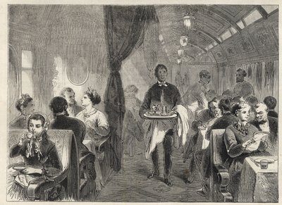 Pullman dining carriage of the Pacific Railways in 1869 - inside a wagon hotel on the Pacific Railway - av Unknown artist