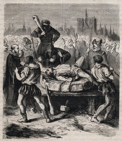 Straff av Francois Ravaillac (1578-1610) morder av kong Henry IV (1553-1610) på Place de Greve i Paris i 1610 - Gravering av 1879 i "Historien om hemmelige, politiske og religiøse samfunn" av Pierre Zaccone (1817-1895) av Unknown artist