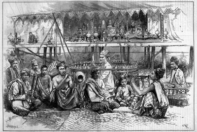 Dukketeater med musikere i Burma gravering i «The Illustrous World»» av Unknown artist