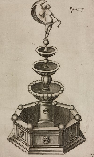 Pyroteknisk fontene som skjuler fyrverkerisystem inni, gravering fra Grand Art d#39;Artillerie, av Casimir Siemienowicz av Unknown artist