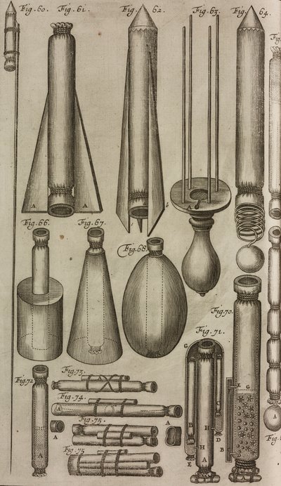 Pyrotekniske raketter og instrumenter, gravering fra Grand Art d#39;Artillerie, av Casimir Siemienowicz av Unknown artist
