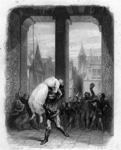 Quasimodo saving Esmeralda. Illustration of 1844 Notre Dame de Paris by Victor Hugo. av Unknown artist