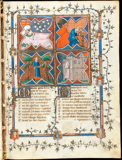 ""Fire menn opptatt med forskjellige aktiviteter"" opplyst side fra manuskriptet ""Le Roman de la Rose"" av Guillaume de Lorris (rundt 1200-1238) og Jean de Meun (Meung) (1240-1305) rundt 1353 Sveits, Genève bibliotek av Unknown artist