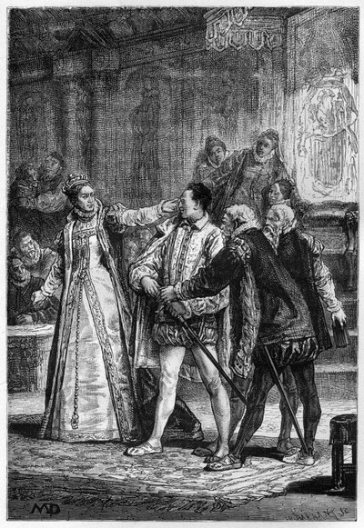 Queen Elizabeth I of England striking the 2nd Earl of Essex Robert Devereux av Unknown artist