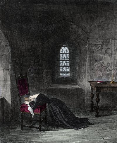 Dronning Jeanne Gray er fange i Tower of London. Lady Jane Gray (1537-1554), niese til kong Henry VIII, var dronning av England i 9 dager. Hennes kusine Mary (Mary Tudor) som gjør krav på tronen, vil få henne fengslet og henrettet for høyforræderi. Graveri av Unknown artist